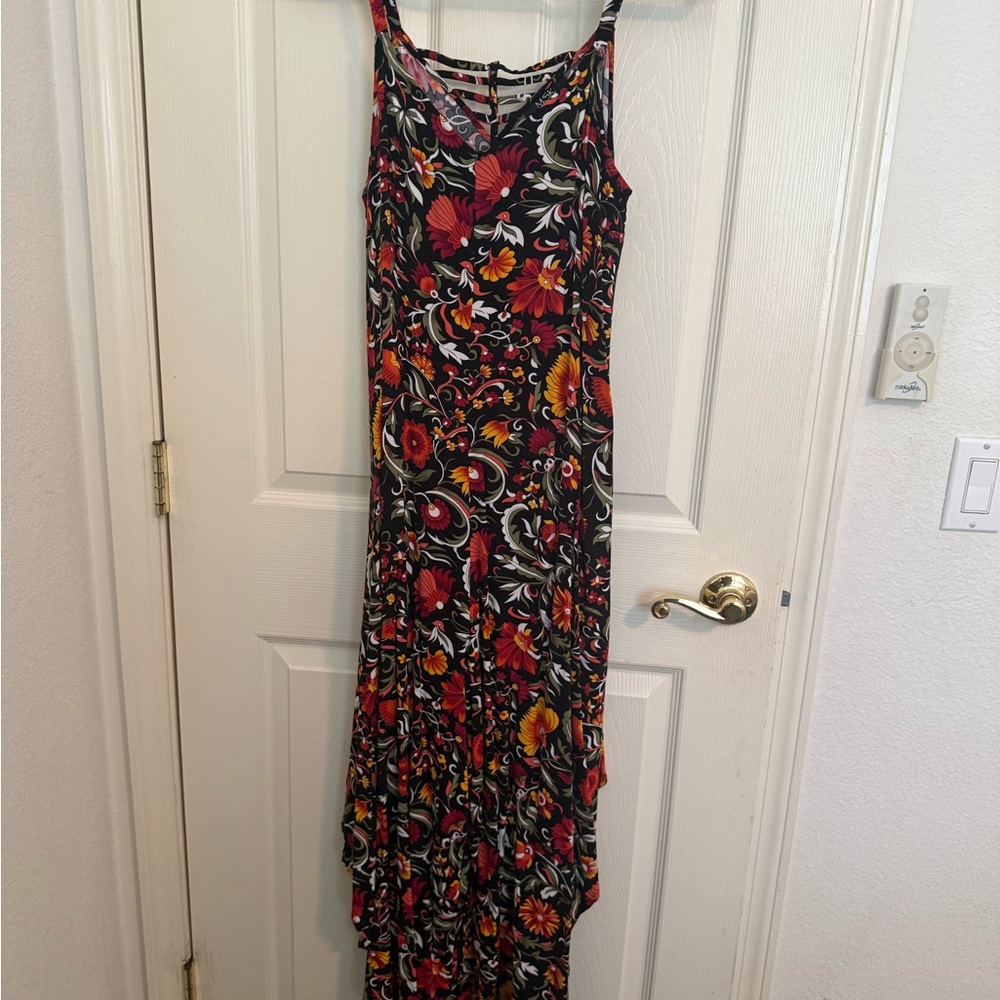 MSK Black Romper with Red and Orange Floral Pattern